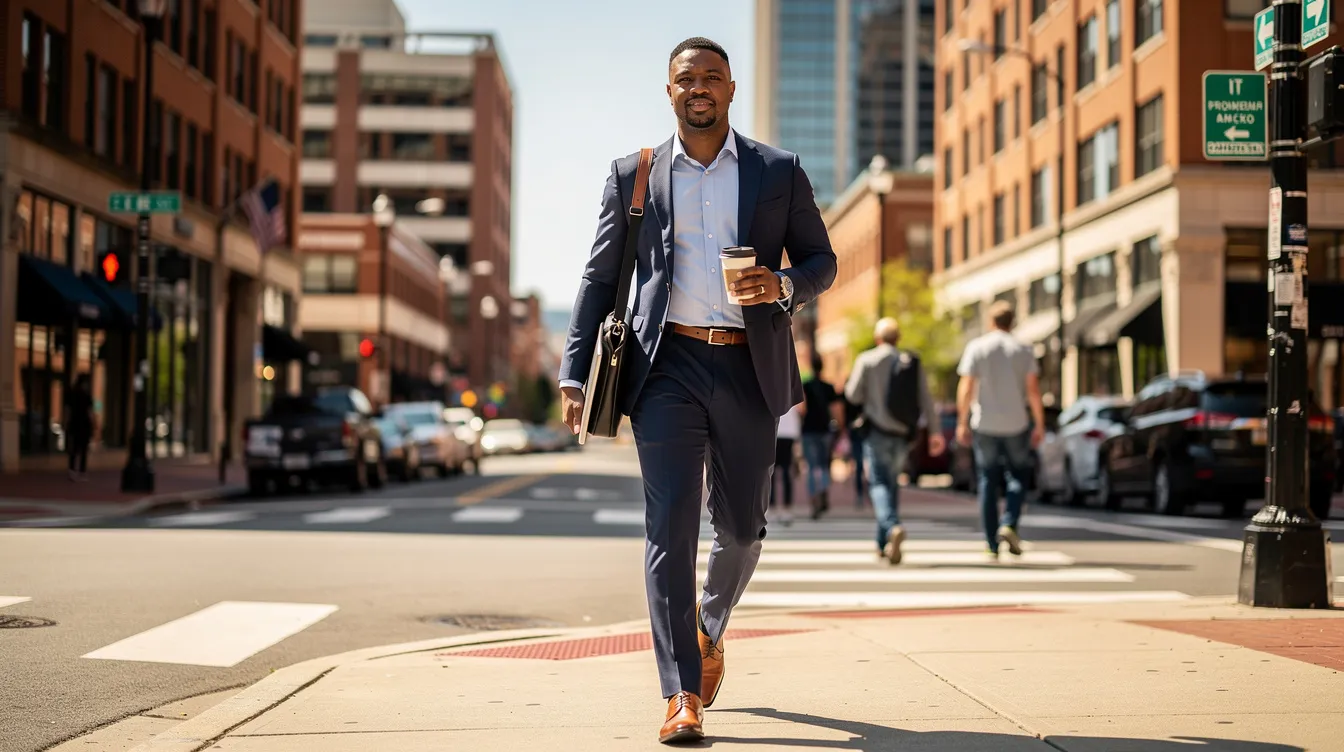 A confident professional man is walking through a sunny downtown Baltimore street, showcasing a youthful appearance and a well-defined jawline, which may reflect the results of cosmetic procedures like male rhinoplasty or facial rejuvenation. The vibrant urban setting highlights his self-assured demeanor as he navigates the bustling environment.
