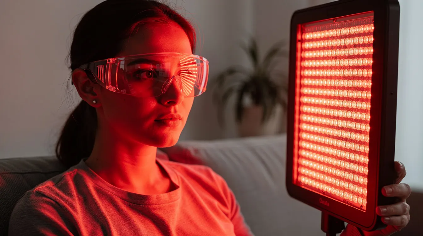 A person wearing protective eyewear is using a red light therapy device at home, aimed at providing pain relief and supporting muscle recovery through the use of near infrared light. The panel emits red light, which is known for its potential to enhance blood flow and promote skin health.