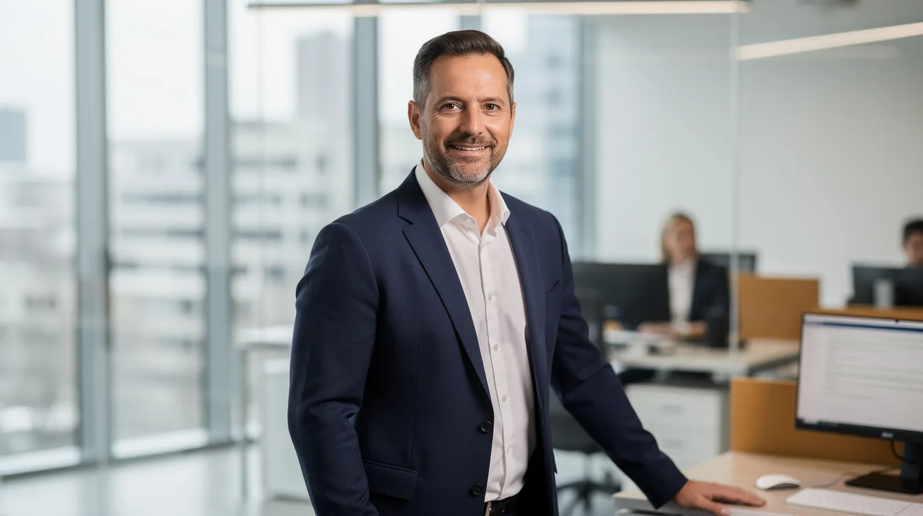 A confident man in his 40s stands in a professional office environment, showcasing a refreshed appearance that reflects the results of cosmetic treatments aimed at rejuvenating his facial features. His smooth skin and youthful look suggest he may have undergone plastic surgery procedures, such as male rhinoplasty or a neck lift, to address visible signs of aging like frown lines and sagging skin.