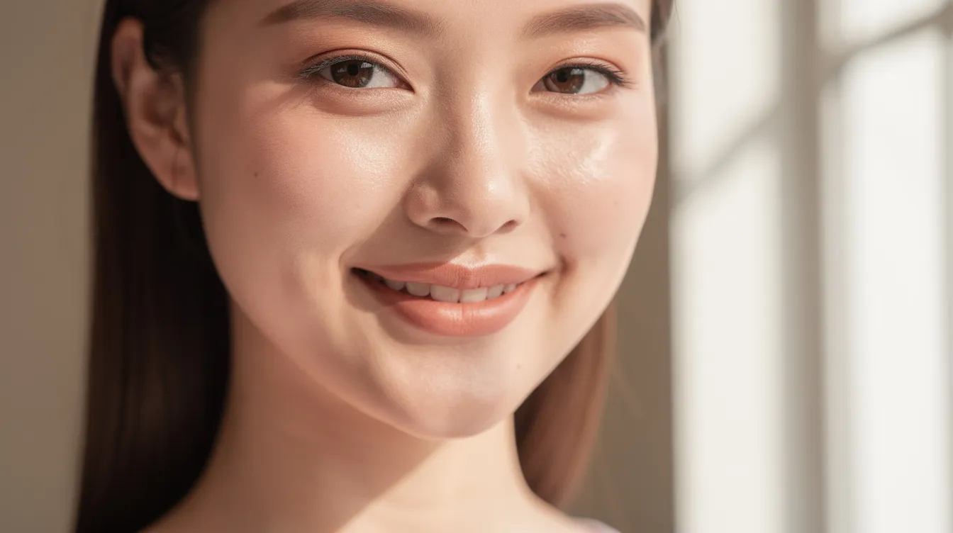 A close-up portrait of a woman with clear, healthy skin and a soft, relaxed smile, illuminated by natural light, showcasing her natural beauty and youthful appearance. Her facial features exhibit subtle definition, emphasizing the smoothness and vitality of her skin, reminiscent of the results achieved through dermal filler treatments.