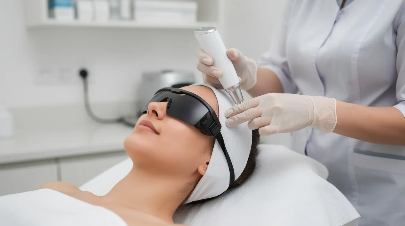 A person is undergoing a gentle laser skin resurfacing treatment in a pristine clinical environment, wearing protective eyewear. The procedure aims to improve skin texture and address concerns like fine lines and uneven skin texture, utilizing advanced laser technology for rejuvenation.