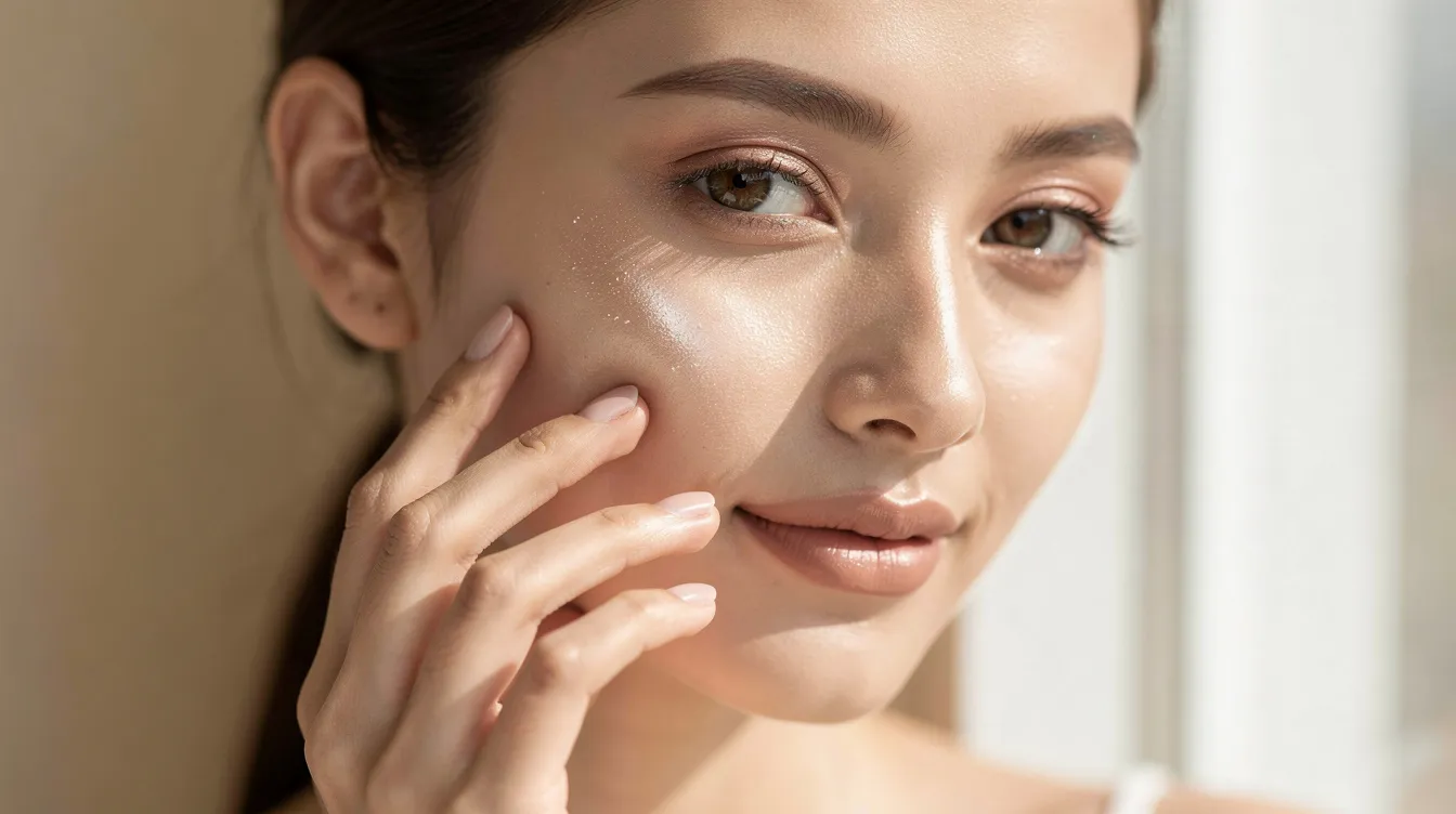 A close-up image shows a woman with clear, glowing skin gently touching her cheek in soft, natural light, highlighting her youthful appearance and smooth skin texture. This serene moment reflects the potential results of laser skin resurfacing treatments, which can address skin concerns like uneven texture and fine lines.
