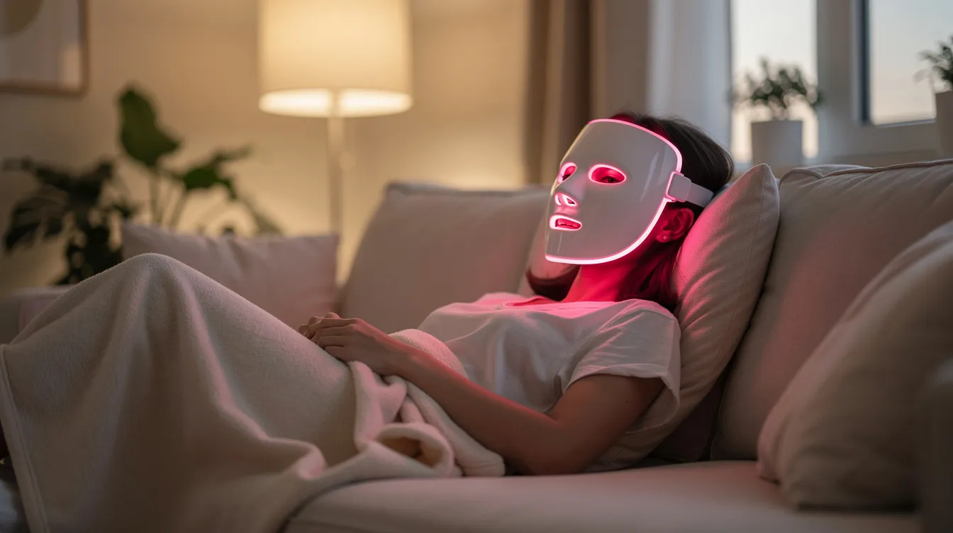 A woman is relaxing at home while wearing a medical-grade LED light therapy face mask in a softly lit room, utilizing red light therapy to enhance her skin health and support skin rejuvenation. The calming environment complements the targeted treatment aimed at reducing fine lines and improving skin texture.
